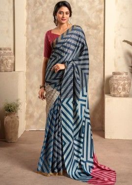 Blue Stripes Printed Satin Saree & Blouse