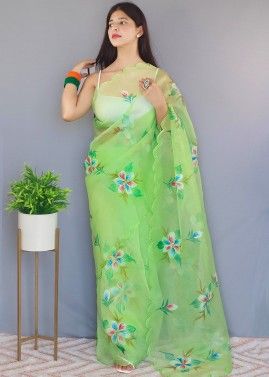 Green Floral Printed Saree In Organza