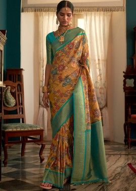 Yellow Tussar Silk Saree In Floral Print