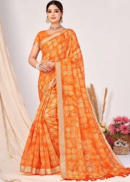 Orange Silk Saree In Bandhej Print