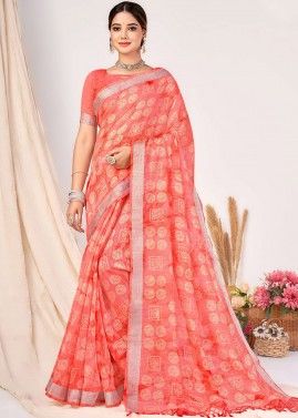 Peach Bandhej Printed Saree In Silk