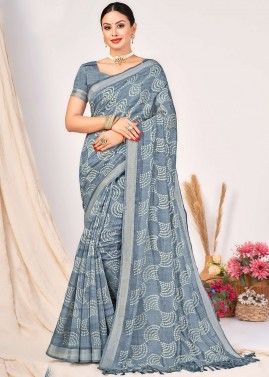 Grey Bandhej Printed Saree In Silk