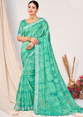 Turquoise Bandhej Printed Saree In Silk