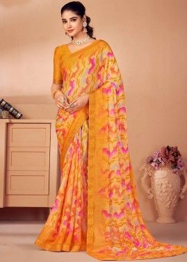 Yellow & Pink Chiffon Saree In Abstract Print