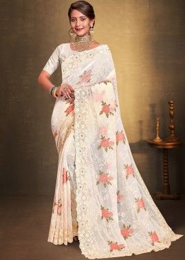 Off White Embroidered Saree In Georgette