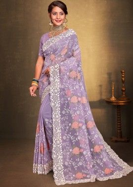 Lavendra Purple Embroidered Georgette Saree