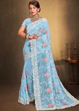 Sky Blue Embroidered Georgette Saree & Blouse