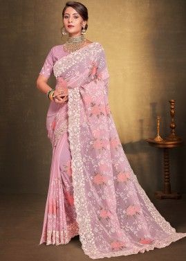 Pink Georgette Saree In Resham Embroidery