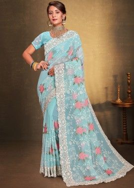 Blue Embroidered Georgette Saree 