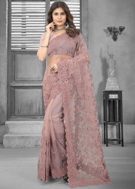 Mauve Pink Embroidered Saree In Net