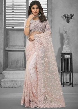 Peach Net Embroidered Saree & Blouse