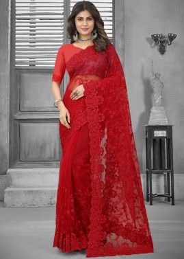 Red Net Resham Embroidered Saree
