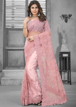 Pink Thread Embroidered Saree In Net