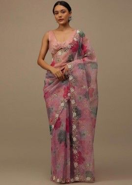 Pink Organza Saree In Floral Print