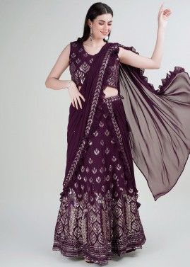 Purple Readymade Embroidered Saree In Georgette