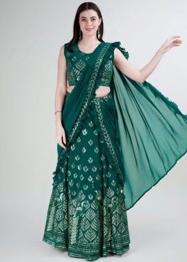 Green Readymade Embroidered Saree In Georgette