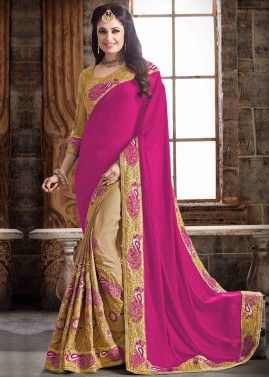 Pink & Beige Half N Half Satin Silk Saree In Thread Embroidery