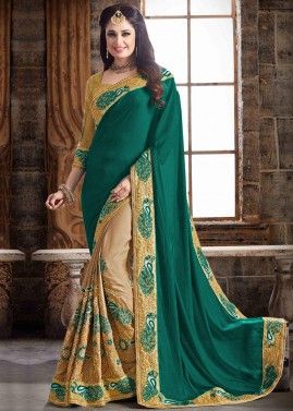 Green & Beige Embroidered Half N Half Satin Silk Saree