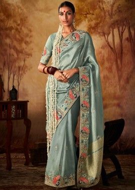 Blue Embroidered Saree In Kanjivaram Silk