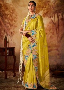 Yellow Embroidered Saree In Kanjivaram Silk