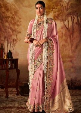 Pink Embroidered Saree In Kanjivaram Silk
