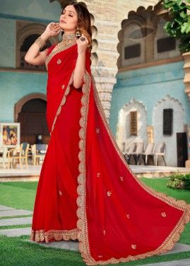 Red Embroidered Saree In Georgette