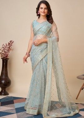 Ice Blue Embroidered Saree In Net