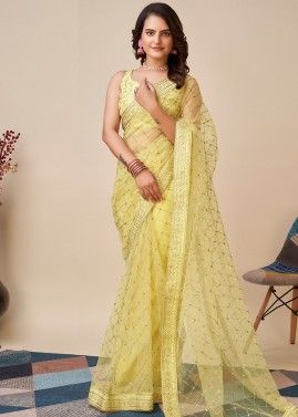 Yellow Sequins Embellished Net Saree