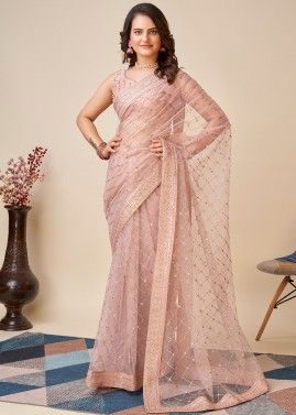 Peach Embroidered Net Saree & Blouse