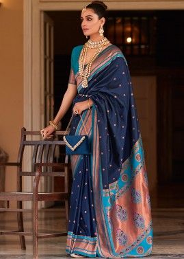 Blue Woven Detailed Saree In Paithani Silk