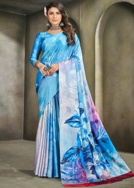 Blue Floral Printed Saree In Crape