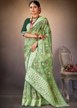 Green Organza Saree In Resham Embroidery