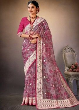 Mauve Pink Embroidered Border Saree