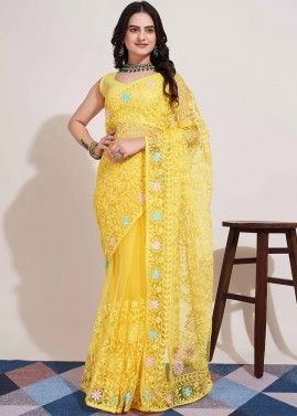 Yellow Embroidered Saree In Net