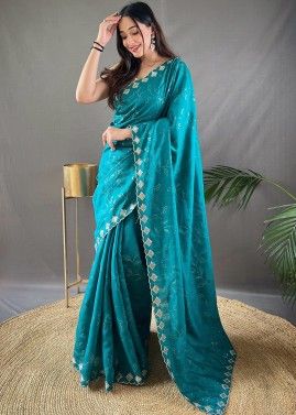 Teal blue Embroidered Saree In Organza