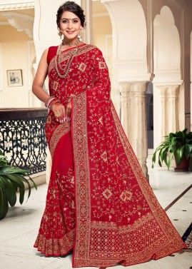 Red Embroidered Georgette Saree & Blouse