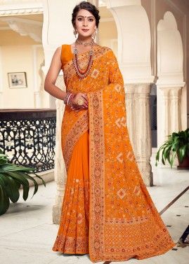 Yellow Resham Embroidered Saree In Georgette
