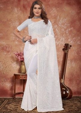 White Embroidered Saree In Georgette