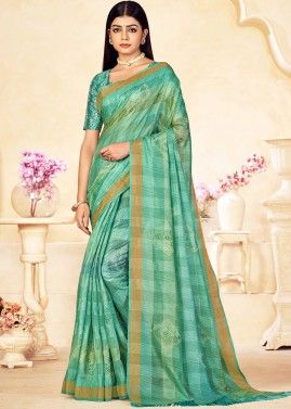 Green Printed Saree In Linen