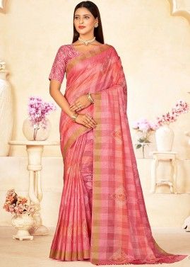 Pink Printed Saree In Linen