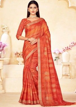 Red Printed Saree In Linen