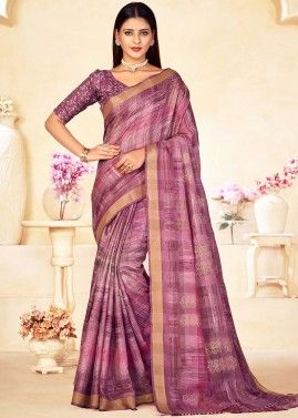 Purple Printed Saree In Linen