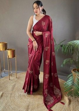 Red Embroidered Art Silk Saree & Blouse