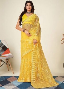 Yellow Embroidered Net Saree 