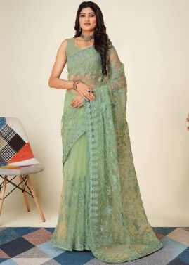 Embroidered Net Saree In Sage Green