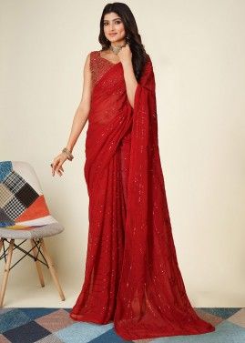 Red Sequins Embellished Saree In Georgette