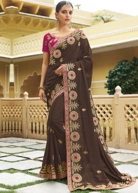 Brown Embroidered Saree In Art Silk