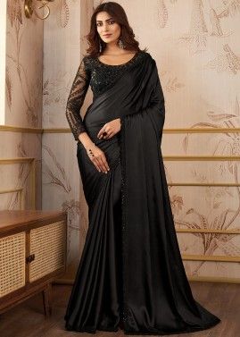 Black Satin Silk Saree In Plain
