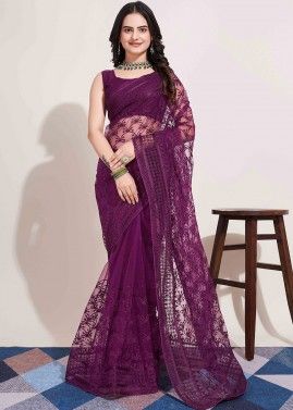 Purple Embroidered Net Saree