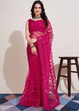 Pink Embroidered Net Saree & Blouse